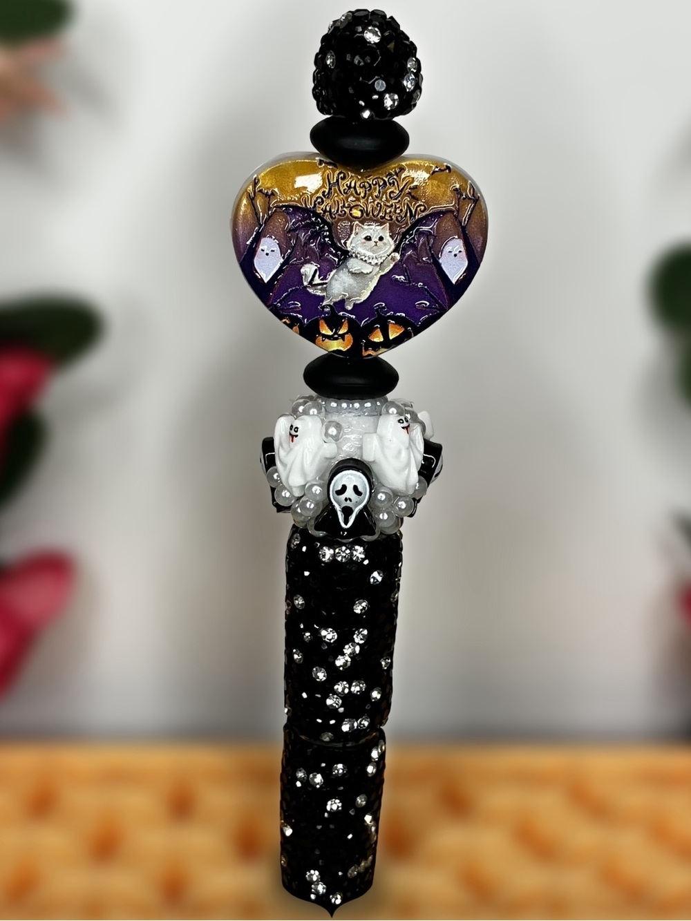 Happy Halloween Cat and Ghosts Black Rhinestone Beaded Pen